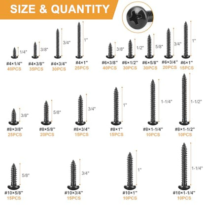 VIGRUE 410Pcs Stainless Steel Black Wood Screws Set #4#6#8#10 Phillips Pan Head Sheet Metal Screws Self Tapping Wood Screws Assortment Kit, Length 1/4" to 1-1/2" - style: 410PCS #4#6#8#10 Stainless Steel Black Pan Head