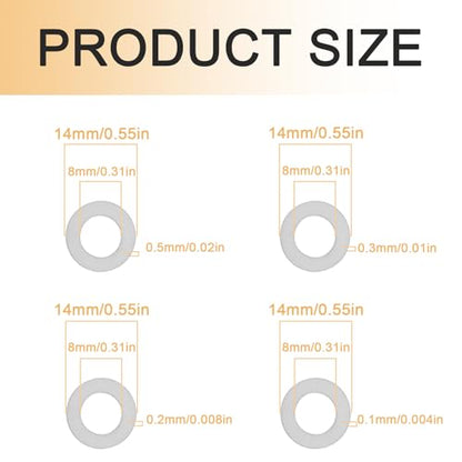 M8x14mm Precision Shim Washers for Robotics, 48 Pcs 304 Stainless Steel | 0.1, 0.2, 0.3 and 0.5mm, 12 pcs each, thin spacers for M8 bolts, electronics, mechanical projects and component alignment - size: M8X14