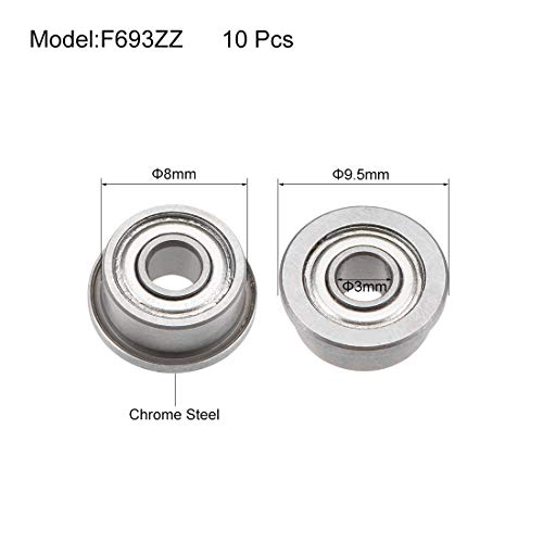 uxcell F693ZZ Flanged Ball Bearing 3x8x4mm Shielded Chrome Steel Flange Rip Bearings 10pcs - size: 3x8x4mm