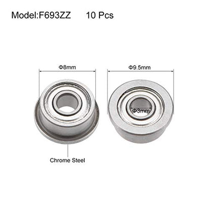 uxcell F693ZZ Flanged Ball Bearing 3x8x4mm Shielded Chrome Steel Flange Rip Bearings 10pcs - size: 3x8x4mm