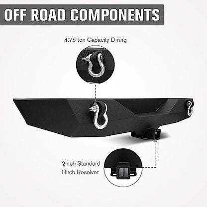 Front Bumper + Rear Bumper for 2007-2018 Wrangler JK, AAIWA Offroad Steel Bumper Full Width with 2" Hitch Receiver, LED Light Bars and D-rings - size: 2007-2018 JK Bumper with lights