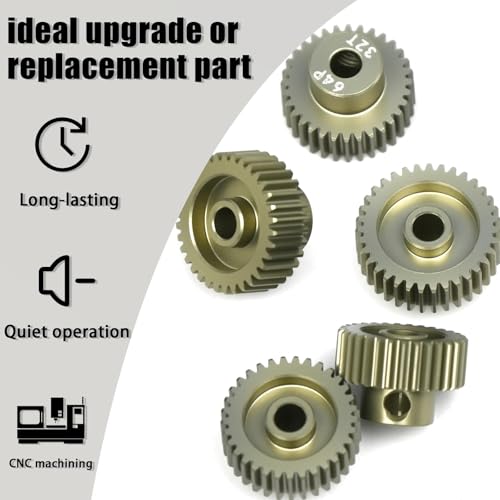 5Pcs 64P Aluminum Alloy Pinion Gear Set 3.175mm 31T 32T 33T 34T 35T Motor Pinion Gear W/ M4 Screw and Hex Key, Fit 3.175mm (1/8-Inch) Shaft, for Arrma HPI Kyosho Losi Axial Traxxas Tamiya 1/10 RC Car - size: 64P-3.175mm-31-35T