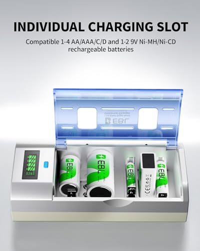 EBL D Rechargeable Batteries (4 Counts) and Universal Battery Charger | Smart Charger Compatible with C D 9V AA AAA Ni-MH Ni-CD Batteries, 10000mAh D Battery, Mercury-Free, 1200 Cycles