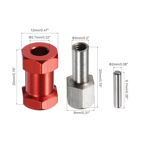 MECCANIXITY 8pcs 12mm Wheel Hex Drive Hubs Adapter Combiner Coupler Red | 20mm Extension, Aluminum, with Nut Latch, for 1/10 RC Crawler Car Parts