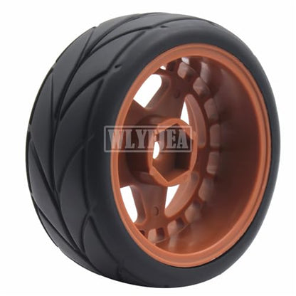 4PCS RC 1/10 On-Road Tires 65mm RC Rubber Tires w/Plastic Wheel Rim 12mm Hex Fit for 1/10 RC On-Road Rally Car HPI Tamiya TT01 TT02 Kyosho Wltoys 144001 - color: Brown 2