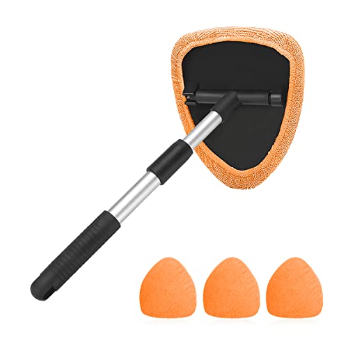 Windshield Cleaning Tool, Car Window Cleaner with Extendable Long Handle and 4 Washable Reusable Microfiber Pads, Auto Interior Exterior Glass Wiper Cleaning Kit Universal for Office and Home (Orange) - color: Orange