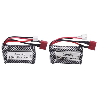 Blomiky 2 Pack 7.4V 800mAh 2S Li-ion 15C Battery with T Plug and USB Cable Compatible with BEZGAR 5 HM162 HM161 and 9145 1:20 Remote Control Truck RC Cars HBX X03 RC Boat / 9135 Pro Battery T 2