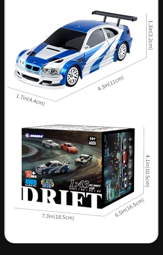 1/43 Mini RC Drift Car 2.4GHz RTR Full Proportional Remote Control Cars 4WD High Speed Racing Lights Kit and Racing Tires (4302) - color: Blue