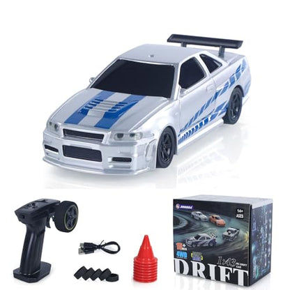 TOUCAN RC HOBBY 1/43 RC Racing Car R34 Radio Controlled High Speed Drift Vehicle 4WD RTR Mini Car 2.4G Radio Battery Gifts for Ages 14+ - color: Silver Blue