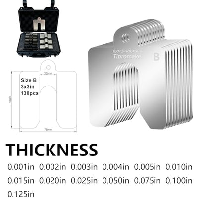 130-Piece Size B 3 x 3 in 304 Stainless Steel Slotted Shim Kit, 13 Gauges | Metal Shims for Leveling, Alignment and Gap Filling, with Laser-Engraved Thickness Marks and Storage Box - size: Size B 3" x 3"