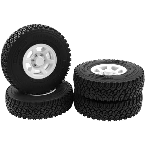 4Pcs HIRCQOO 1.55'' Beadlock Plastic Wheel Rims Rim Rubber Tires Tyre 12mm Hex Compatible with RC4WD D90 TF2 Tamiya CC01 LC70 LC80 MST Axial AX90069 1/10 RC Crawler (White) - color: White