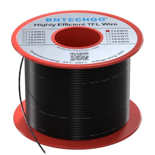 BNTECHGO 22AWG FEP Teflon Coated Wire Black 100ft Tin-Plated Copper | 22 Gauge Strands Wire High-Temp FEP Insulation, -65°C to 200°C Rated, Aerospace Wiring, Medical Wiring, Scientific Equipment - size: 100ft Black