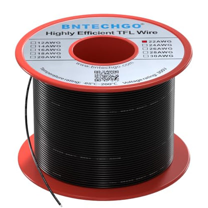 BNTECHGO 22AWG FEP Teflon Coated Wire Black 100ft Tin-Plated Copper | 22 Gauge Strands Wire High-Temp FEP Insulation, -65°C to 200°C Rated, Aerospace Wiring, Medical Wiring, Scientific Equipment - size: 100ft Black