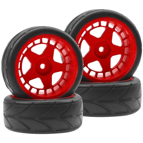 ShareGoo RC OD 2.55" Nylon 12mm Hex Wheels & Rubber Tires Set Compatible with Traxxas Tamiya Sakura HSP Redcat 1/10 RC On-Road Touring Drift Car (Red) - color: Red