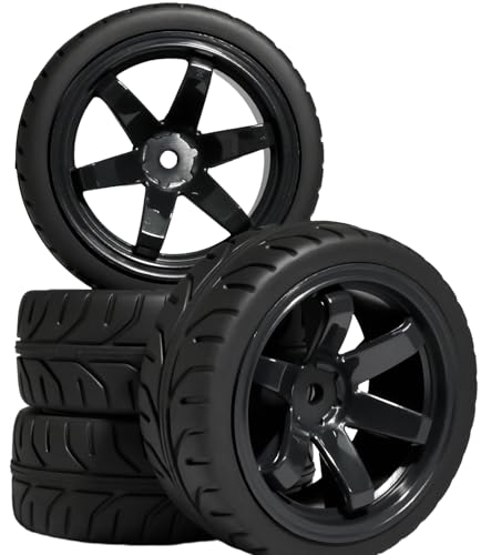 OD 2.55" On Road Rubber Tires Plastic Wheel Rims 12mm Hex for 1/10 RC Car | Compatible with MJX HSP Tamiya HPI Kyosho Traxxas Sakura Redcat WLtoys 1/10 RC On-Road Racing Touring Car (4pcs, Black) - style: B-Black