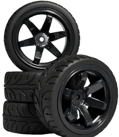 OD 2.55" On Road Rubber Tires Plastic Wheel Rims 12mm Hex for 1/10 RC Car | Compatible with MJX HSP Tamiya HPI Kyosho Traxxas Sakura Redcat WLtoys 1/10 RC On-Road Racing Touring Car (4pcs, Black) - style: B-Black
