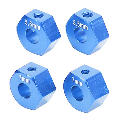 4Pcs Aluminium Alloy 12mm Diameter, RC Wheel Hub, 12mm RC Wheel Hex Hub Extension, 5 5mm 7mm Hex Drive Adapter Thickness Accessory Set Kit for traxx as 1/10 Slash (Blue)