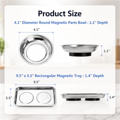 Okllen 6 Pcs Magnetic Parts Tray Set, Stainless Steel Heavy Duty 9.5"W x 5.5''L Square and 4 1/4" Round Extra Strong Magnetic Tool Trays Holder for Socket Screw Nuts Bolts Metal Parts