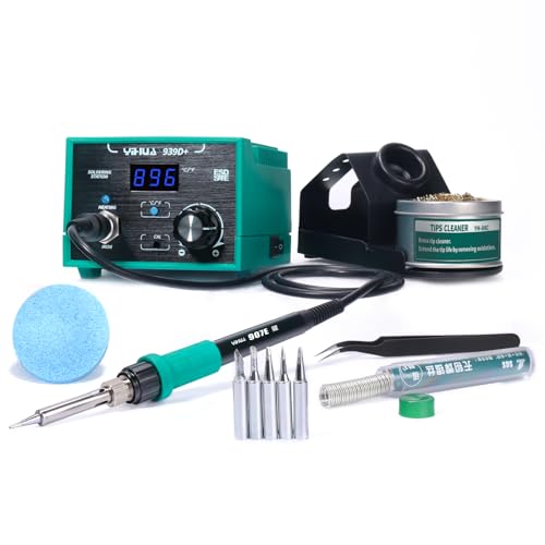 YIHUA 939D+ Digital Soldering Station, 75W Equivalent with Precision Heat Control (392°F to 896°F) and Built-in Transformer. ESD Safe, Lead Free with °C/°F display (Green) - color: Green