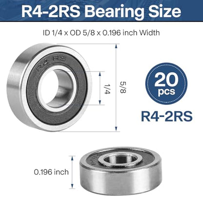 R4-2RS Bearing 1/4x5/8x.196, Rubber Sealed Steel 20-Pack