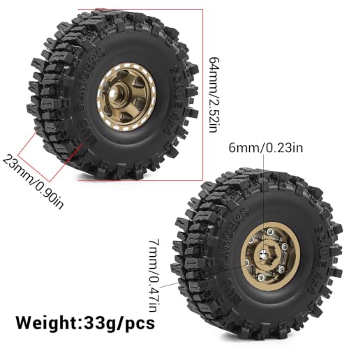 1.0" Beadlock Aluminum Wheels and 64mm Soft Rubber Tires | for SCX24, TRX4M, Ascent 18, FCX24, 1/18 1/24 RC Crawler, 7mm Hex, 0mm Offset, with Foam Inserts, (Bronze) - color: Bronze