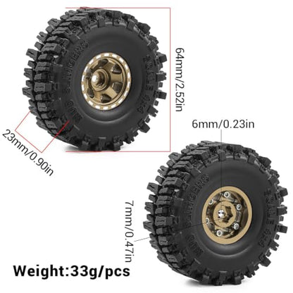 1.0" Beadlock Aluminum Wheels and 64mm Soft Rubber Tires | for SCX24, TRX4M, Ascent 18, FCX24, 1/18 1/24 RC Crawler, 7mm Hex, 0mm Offset, with Foam Inserts, (Bronze) - color: Bronze