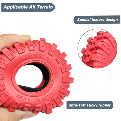 1.0 Tires RC Crawler Tires 62 * 21mm Super Soft Sticky 1.0 Crawler Tyre with Foam Insert for 1/18 TRX4M 1/24 SCX24 FCX24 Upgrade (4PCS) (Red) - color: Red