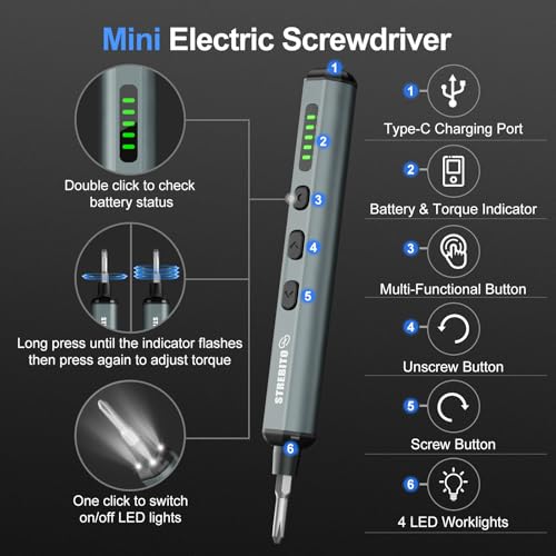 STREBITO Electric Screwdriver, 67 in 1 Mini Electric Screwdriver | 50 S2 Magnetic Bits, 5 Torque Settings, 4 LED Lights, Precision Screwdriver Set for Laptop, Computer & Electronics Repair - color: Standard Black
