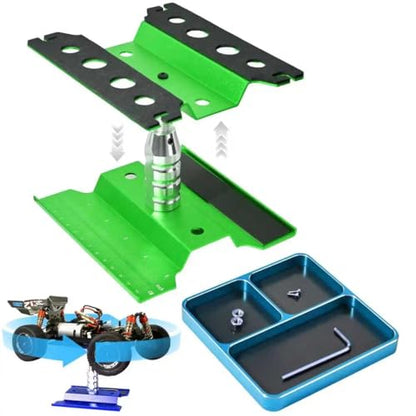 RC Car Work Stand Adjustable Height Lift Lower 360° Rotation Aluminum Repair Stand, Small Screw Tray Fit for 1/8 1/10 1/12 1/14 for Traxxa Axial Arrma RC Crawler Monster Truck Buggy (Green,LightBlue) - color: Green-light Blue