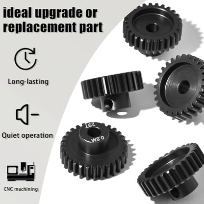 5Pcs 0.8M Hardened Steel Pinion Gear Set 5mm Shaft 26T 27T 28T 29T 30T Motor Pinion Gear with M4 Screw and Hex Key, for Arrma HPI Kyosho Losi Axial Traxxas Tamiya 1/10 RC Car and 540/550 Motors - size: 0.8M-5mm-26-30T
