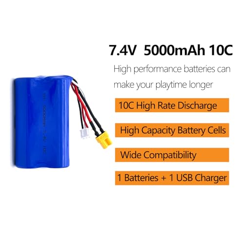 7.4V 5000mAh 2S XT30 JST-XH Plug Battery with USB Charger Cable Compatible with RADIOMASTER TX16S TX12 TX18S Radio Transmitter and RC Car, RC Truck RC Boat