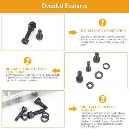 2180 Pieces Black M2 M3 M4 M5 Hex Socket Head Cap Screws Nuts Washers Assortment Kit, Metric Screw Assortment with Hex Wrenches, 12.9 Grade Alloy Steel, Fully Threaded - size: M2/M3/M4/M5, style: Socket Head