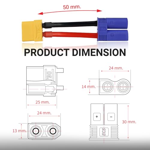TMH 3 Pcs Female XT90 to Male EC5 Adapter Connector Plug with Silicone Wire 14 AWG, 5CM Cable for RC LiPO Battery FPV Drone Charger ESC
