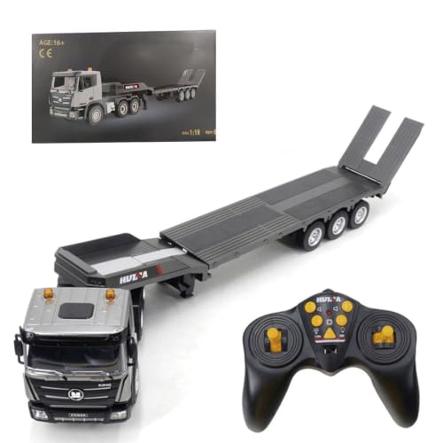 FunXylophy RC Semi Truck with Trailer, 1/18 RC Tractor Truck RTR | 2.4G, 9CH Control, RC Construction Vehicle Model with Sound and Light Effects & Flatbed Trailer
