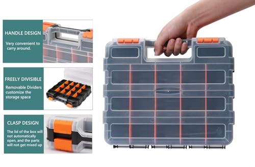 Small Parts Organizer with Removable Dividers, 34 Compartments Double-Sided Storage Box for Hardware, Screws, Nuts & Bolts, Nails, Craft Beads, Jewelry Making - Clear Stackable DIY Tool Organizer Case
