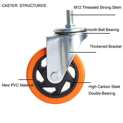 Heavy Duty Swivel Wheels, 3 Inch Yellow PVC Casters with Metric Stem M12-1.75x25mm Double Brakes Castors Safety Wheels up to 1200 Lbs/Set for Industry and Furniture Set of 4 - style: 4 Inch No Brake