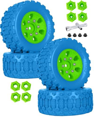 RC 1/10 Short Course Tires with 12MM 14MM 17MM Hex Compatible with Arrm a Senton,Axia1,Slash 2WD/4×4 4WD,Red cat, RC 4WD,Heavy Duty High Grip Rubber Tires w/Plastic Wheels,Blue&Green - color: Blue&green(4pcs)