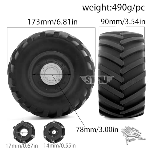 RC Monster Truck Tires and 17mm&14mm Hex Wheels Rims Rubber Buggy Tyres for 1/8&1/7 Scale Off Road Truck Car Kaiju Tmaxx E-Revo 3.3 Arrma Kraton 6S Typhon 3S HPI Redcat Traxxas Maxx (Black) - color: Black