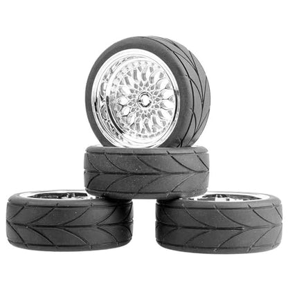 4PCS/Set 64mm Rubber Tires & Plating Plastic Wheels Rims Replacement Part for 1/10 RC On-Road Touring Car Racing Car (Silver, Offset 6mm) - color: Silver, size: Offset 6mm