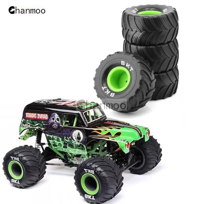 1/18 RC Monster Truck Tires and Hard Plastic Wheels Rims 12mm Hex 1/16 Rubber Buggy Off Road Tyres OD 100mm for 1:16 1/12 1/14 Scale Truck Car Traxxas E-REVO HSP HPI Tamiya Losi 4PCS (Green) - color: Green