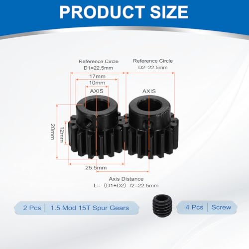 uxcell 2Pcs 1.5 Mod 15T Spur Gear 10mm Bore, 1045 Steel Pinion Gear Black Surface Treatment, 20° Pressure Angle, for Spur Rack and RC Model Car or Motor DIY(17mm) - size: 1.5 Mod 15T, 10mm x 17mm
