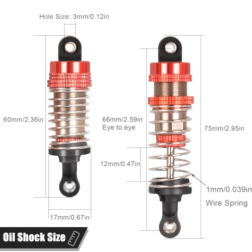 Oiled Shocks Upgraded 66mm/72mm Aluminum Oil Shock Absorber Set for 1/12 1/14 1/16 RC Cars - Compatible with WLtoys 144001, 124019, MJX 16208, HBX & More - color: Bz-silver-red