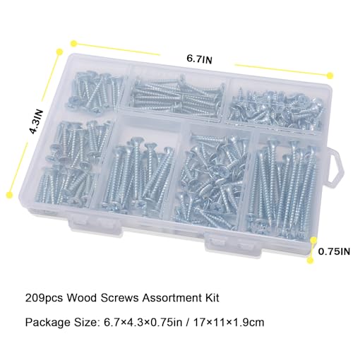 JEGONFRI 209PCS Wood Screw Assortment Kit, 6 Sizes Flat Head Phillips | Great for Home Improvement, Sturdy Steel, Rustproof, Handy Storage Case, Sizes: 2",1-1/2",1-1/4",1",3/4",1/2" - style: 209 Screws