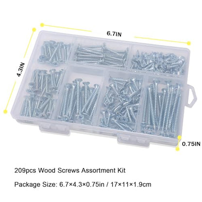 JEGONFRI 209PCS Wood Screw Assortment Kit, 6 Sizes Flat Head Phillips | Great for Home Improvement, Sturdy Steel, Rustproof, Handy Storage Case, Sizes: 2",1-1/2",1-1/4",1",3/4",1/2" - style: 209 Screws