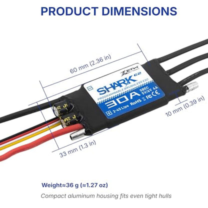 ZTW Shark G2 30A ESC 2-4S Built-in Swithcing BEC 5V/6V 4A Water-Cooling Bidirectional Waterproof Brushless Speed Controller for RC Boat Marine - size: 30A