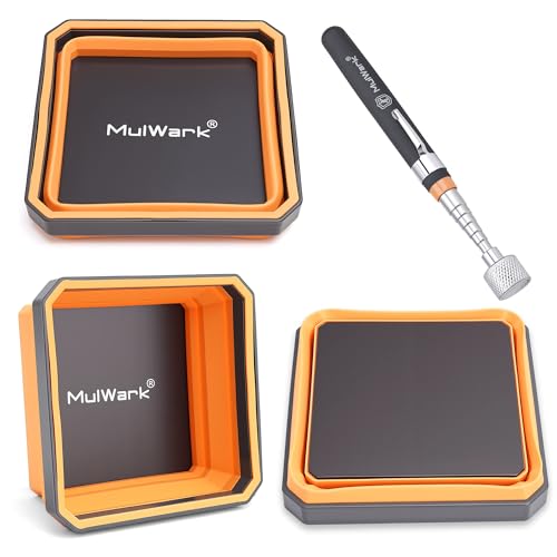 MULWARK 3Pcs Collapsible Magnetic Tray with 15Lb Magnetic Pickup Tool, Silicone Magnetic Parts Tray for Organizing Screw Bolts Nuts Washers Pins Repair Tools Workshop