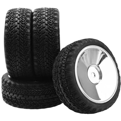 4Pcs 2.59in Rubber Tires & 12mm Hex Plastic Wheel Rims Set Compatible with Traxxas Kyosho HPI RS4 Tamiya TT01 TT02 Sakura D4 HSP 1/10 RC On-Road Touring Car (Silver)