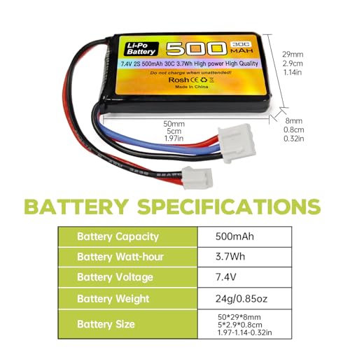2PCS 7.4V 500mAh 30C Lipo Battery RC Car Drone Battery with PH2.0 Plug with 2-in-1 Charger for AX24 SCX24 RC Car Model Batteries Compatible with Most 1/10, 1/16, 1/18, 1/24 Scale RC Cars Trucks