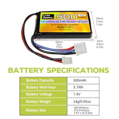 2PCS 7.4V 500mAh 30C Lipo Battery RC Car Drone Battery with PH2.0 Plug for AX24 SCX24 RC Car Model Batteries Compatible with Most 1/10, 1/16, 1/18, 1/24 Scale RC Cars Trucks