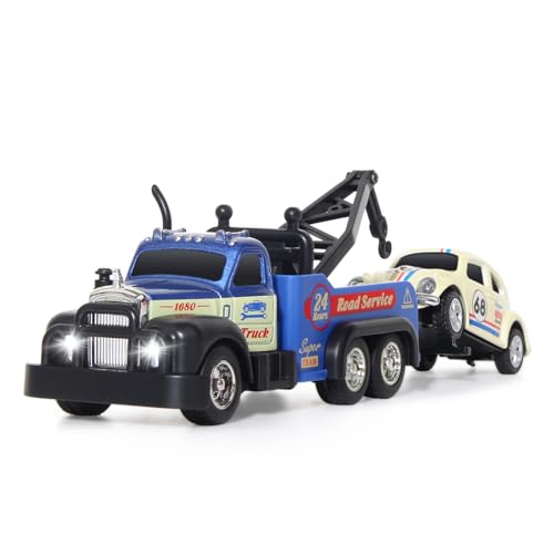 haomsj Mini Rc Tow Truck Toy with Mini Metal Car Set 2PCS,City Service Vehicle Remote Control Tow Truck Toys for Kids Boys Gifts 3-5 4-7 8-12 Years Old, 1:64 Scale Cars Trailer Toy with Light(Blue) - color: Blue